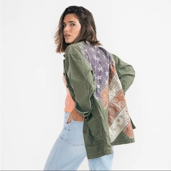 FREE PEOPLE Sz S SPRUCE MILITARY SHIRT JACKET AMERICAN FLAG ARMY GREEN Was $228 - Picture 13 of 17